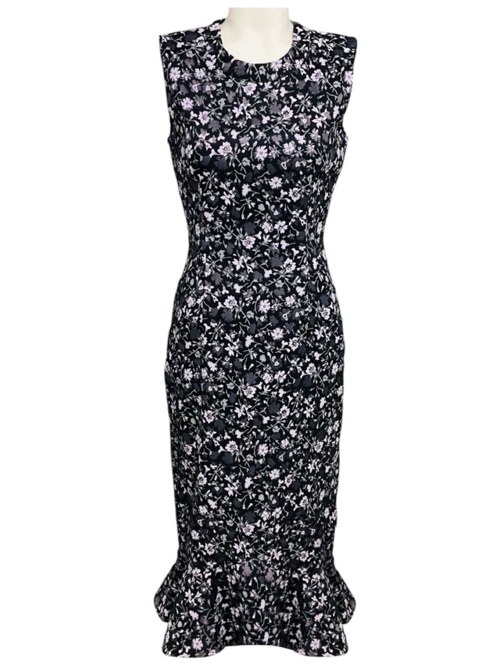 ERDEM BLACK / PURPLE FLORAL SLEEVELESS MIDI DRESS